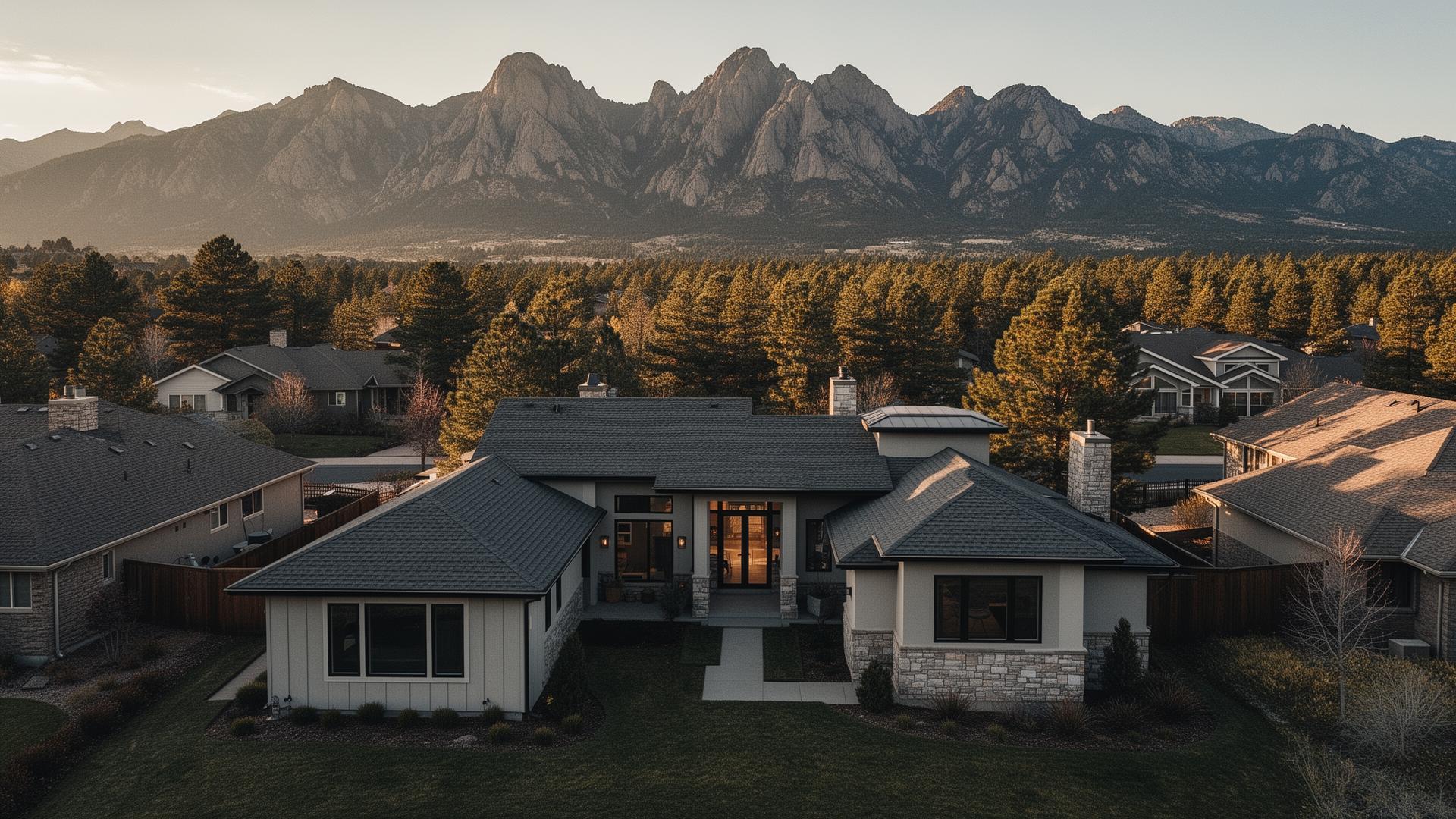 Single-family starter home in a Colorado Front Range neighborhood at sunset